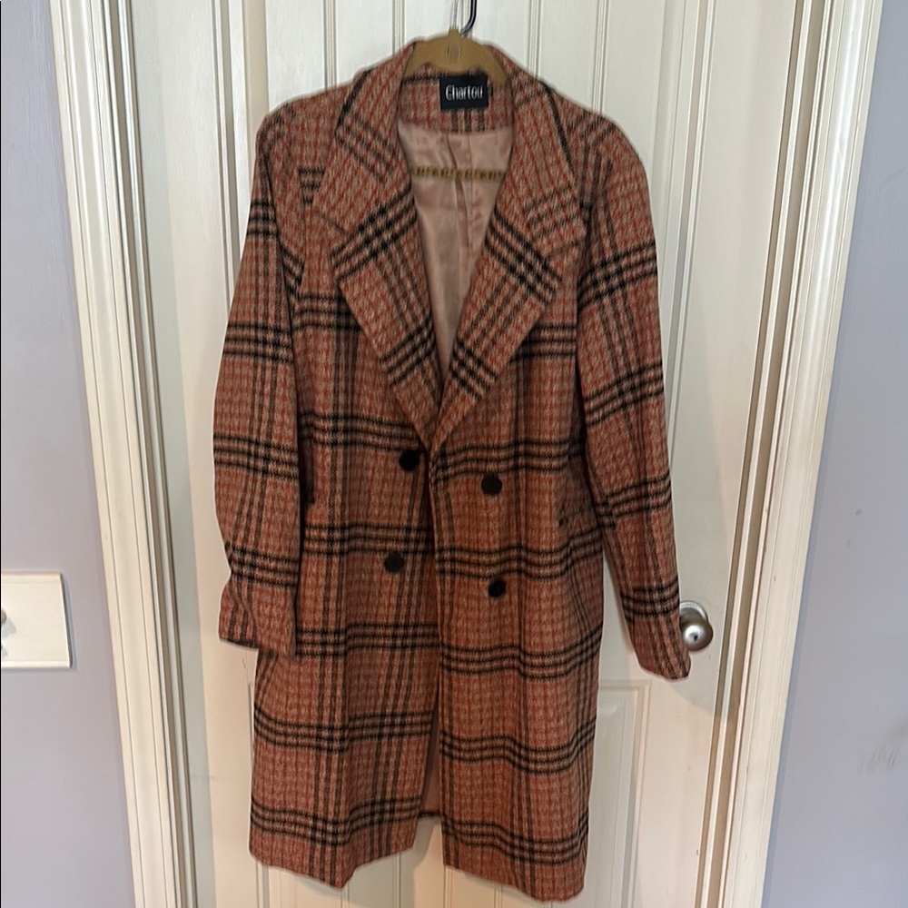 Women's Plaid Coat - Brown and Orange